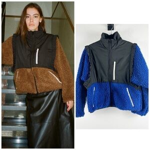Sandy Liang Mia Two Toned Fleece Zip Up Ruffle Jacket Blue Size XS